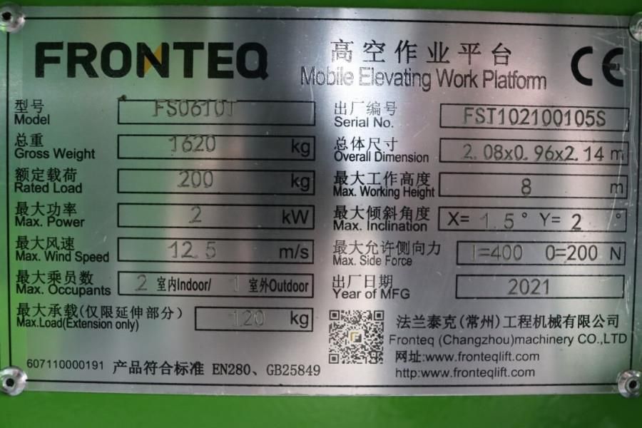 Fronteq FS0610T CE Declaration, 6.7m Working Height, 200kg