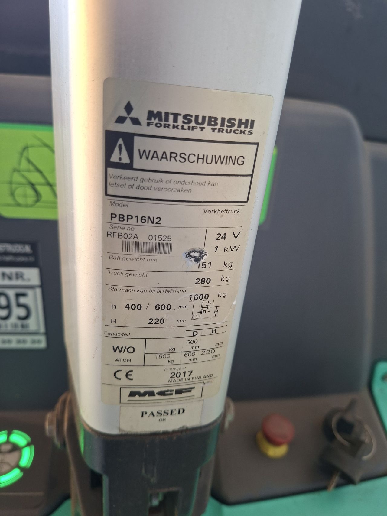 Elektrische palletwagen Mitsubishi PBP16N2 bj 2017