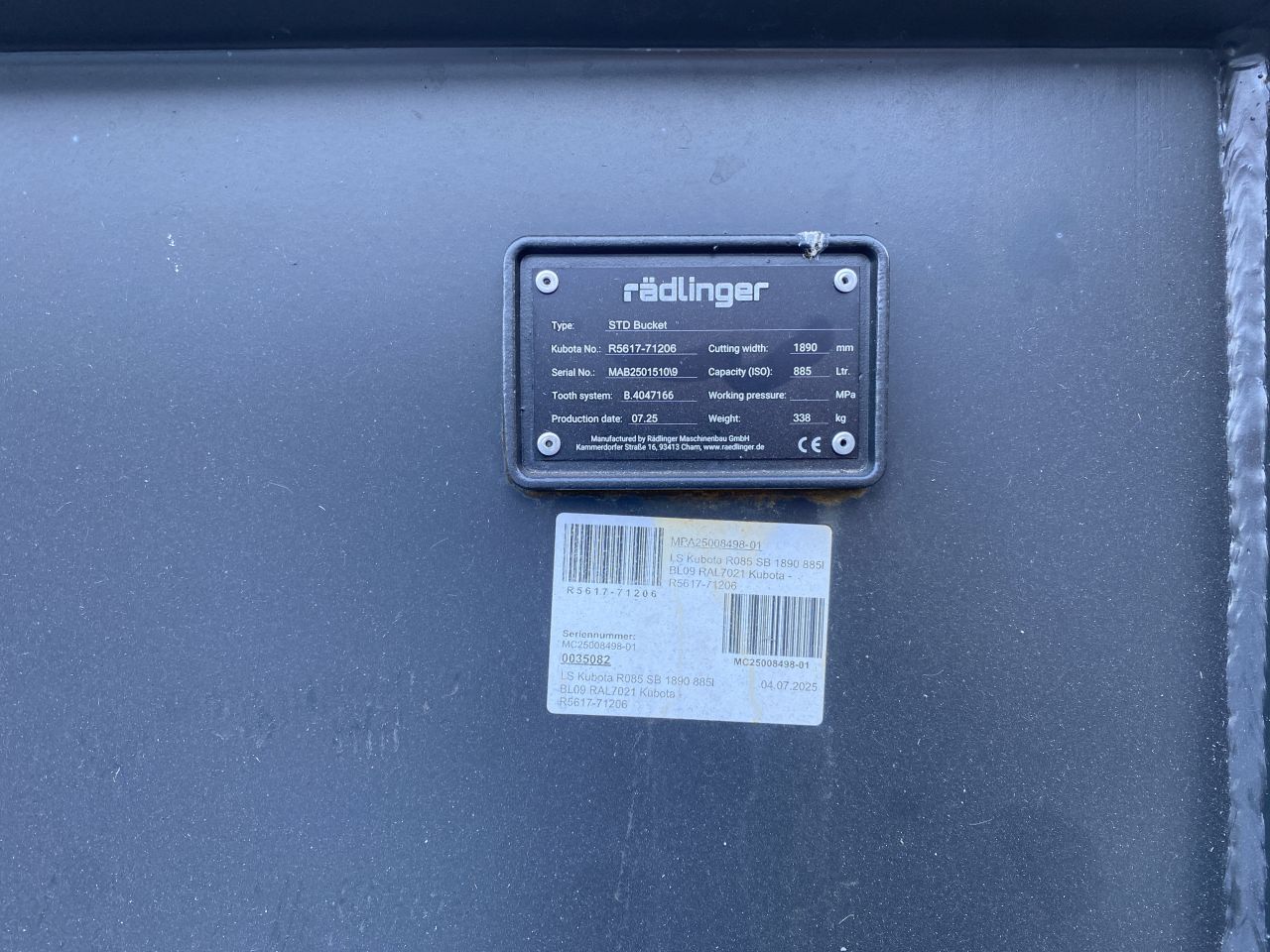 Rädlinger Grondbak 885 liter Kubota/JCB/Liebherr/Volvo