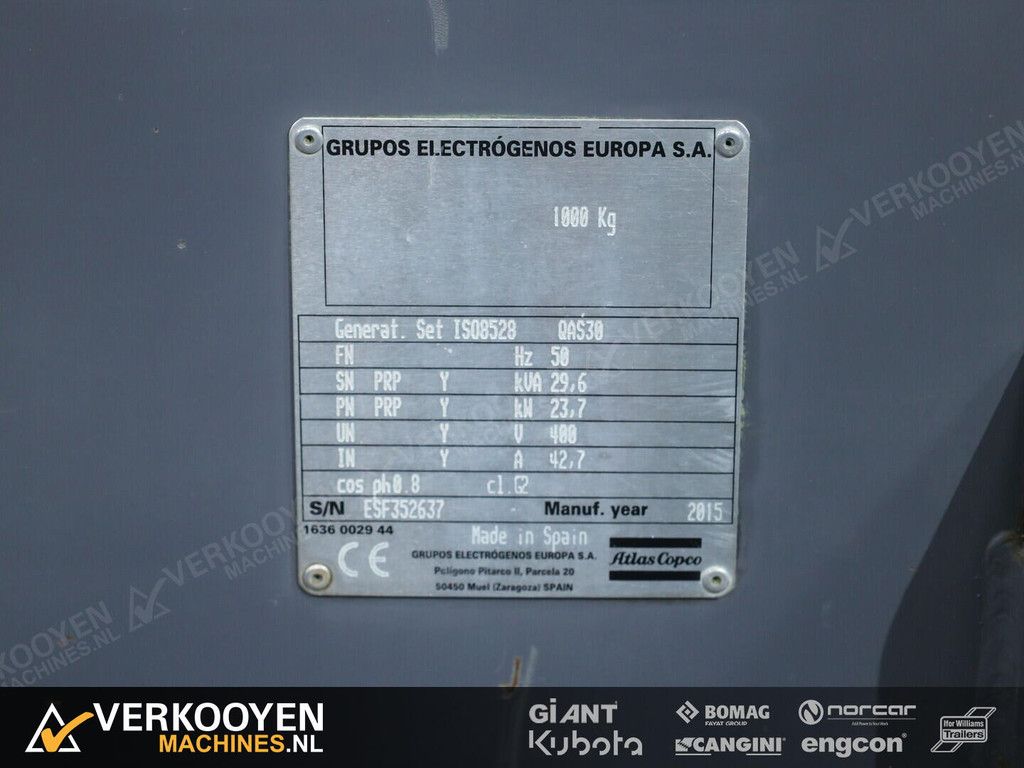 2015 Atlas Copco QAS 30 Diesel Generator / Aggregaat 30kVA 400V- 50Hz VV1538