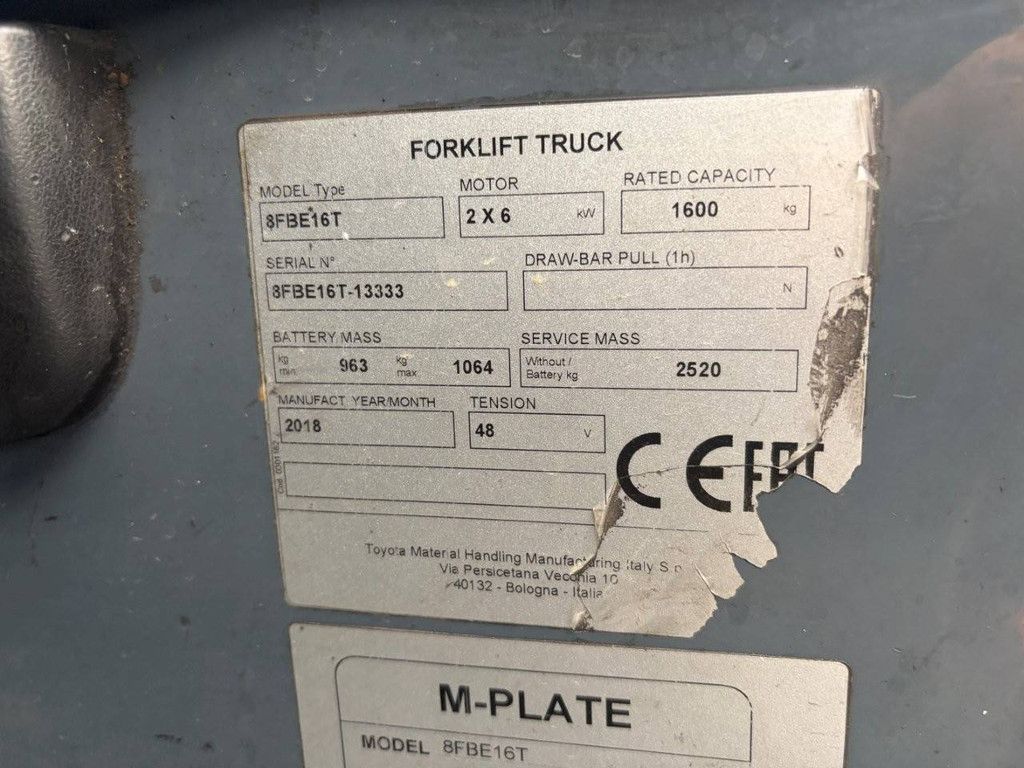 Toyota 8FBE16T Elektrogabelstapler, 1600 kg, 4,7 m, Baujahr 2018