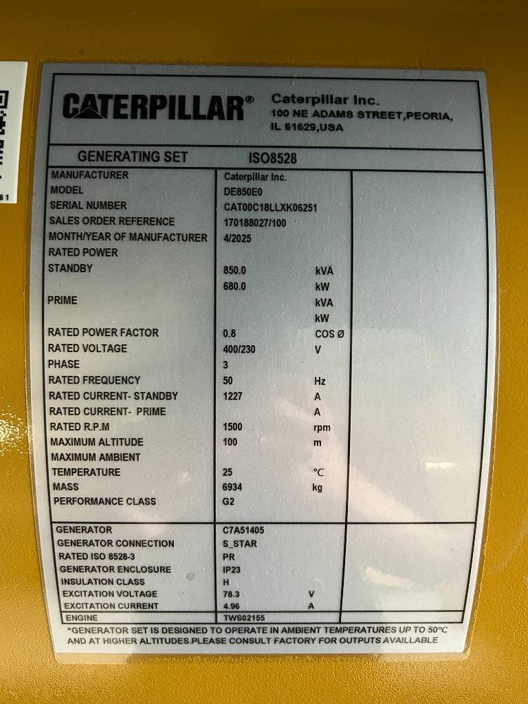 CAT DE850E0 - C18 - 850 kVA Generator - DPX-18032