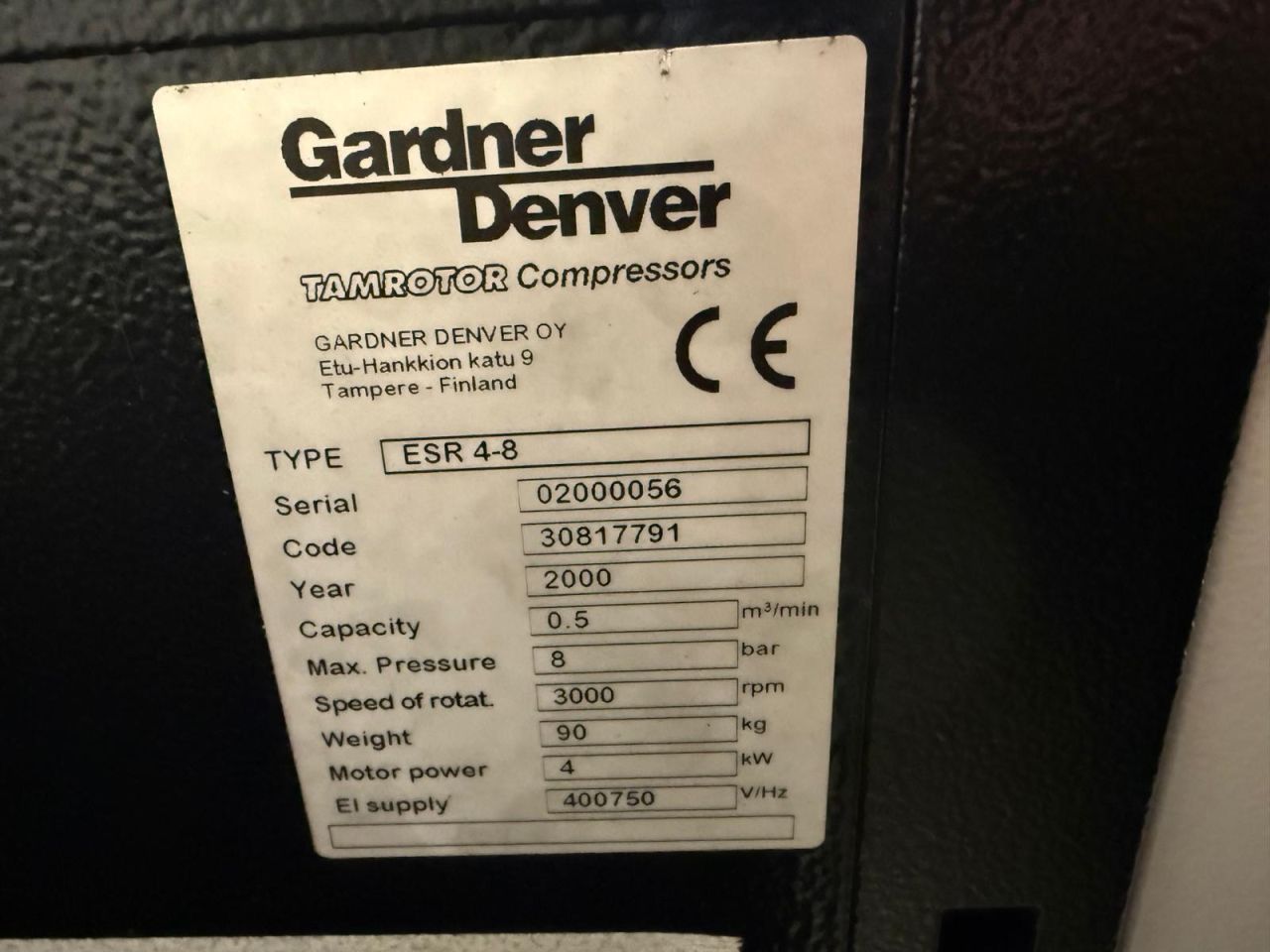 Gardner Denver schroefcompressor 4Kw 500L/min