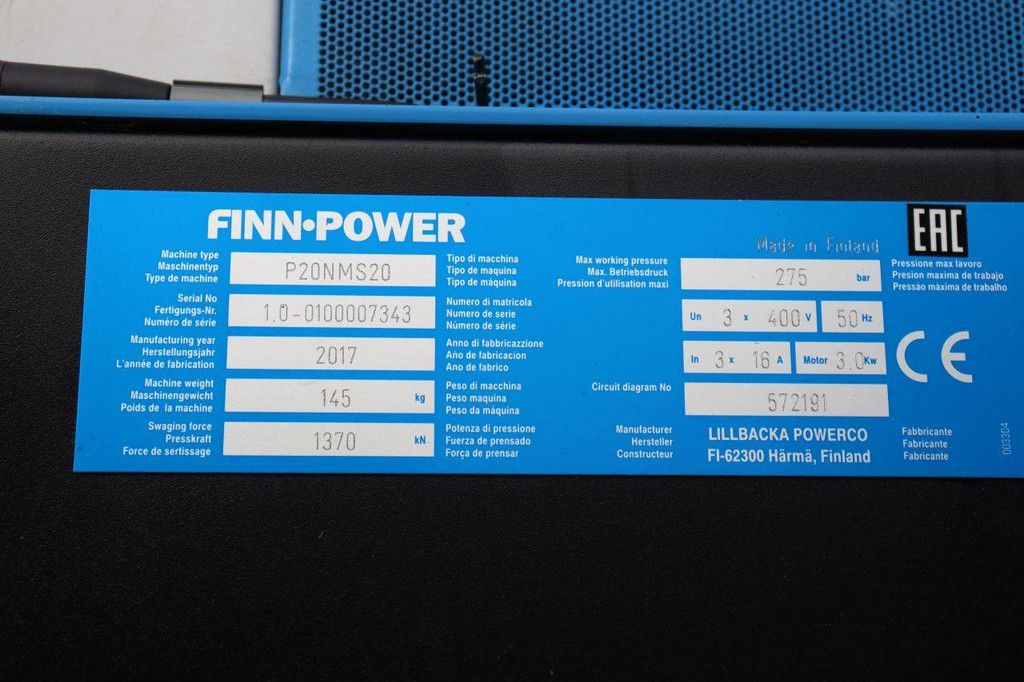Hydraulikschlauchpresse Finn Power P20NMS20 Elektrisch 3kW 2017