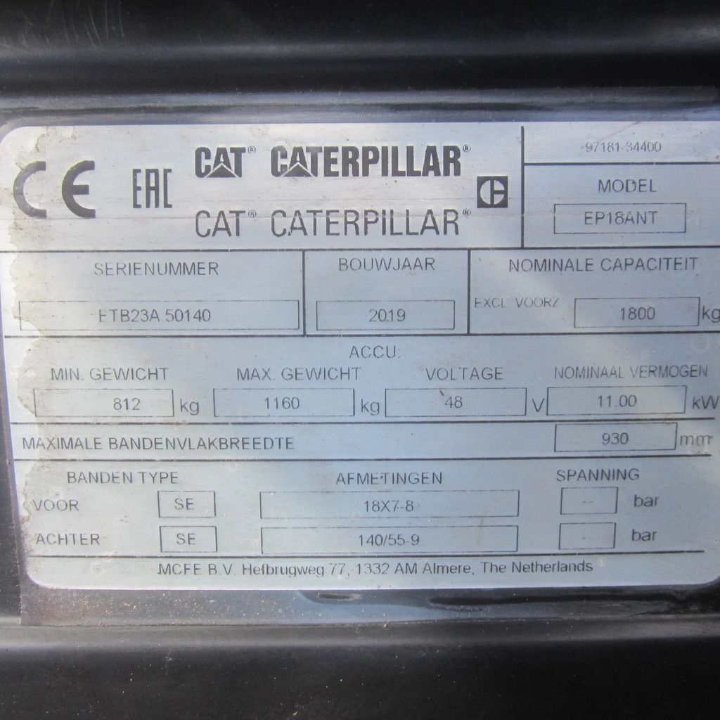 Caterpillar EP-18-ANT, elektrisch, duplomast, side shift.